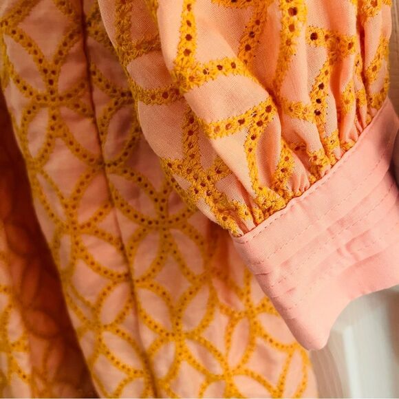 Geometric Pattern Balloon Sleeve Dress in Peach and Pink - Picture 8 of 11